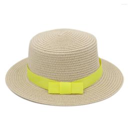 Wide Brim Hats Mistdawn Women Ladies Straw Boater Cap Sailor Bowler Summer Beach Sun Pork Pie Hat Yellow Ribbon