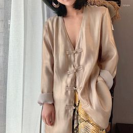 Women's Blouses Female Beginning Autumn Light Luxury Outerwear Long-sleeved Acetate Silk Chinese Style Retro Buttoned Shirt