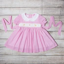Girl Dresses Boutique Smocked Hand Embroidery Cute Chick Dress Kids Short Sleeve Child Wear Princess Pink For Girls