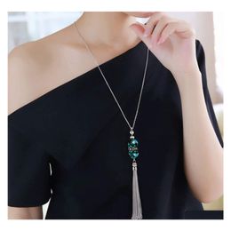 Pendant Necklaces Crystal Bead Sweater Chain Necklace For Women Fashion Sier Color Tassel Long Statement Jewelry Drop Delivery Pendan Ot6Hj