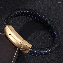 Charm Bracelets Fashion Men Jewellery Punk Braided Leather Hand Bracelet Male Golden S.Steel Buckle Wristband Gifts FR0382