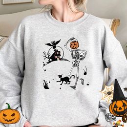 Womens Hoodies Sweatshirts Dancing Skeletons and Pumpkin graphic pullover hoodie women Skull halloween hoodies sweatshirt Dance Spooky clothes 230203