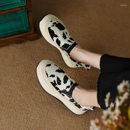 Dress Shoes 2023 Spring Women Pumps Natural Leather 22-24.5cm Horsehair Pigskin Leopard Weave Muffin Platform Flat