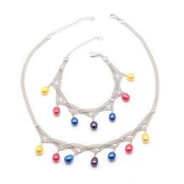 Bracelet Necklace Freshwater Rice Pearl Pendant Sets 78Mm Dyed Colour Oval Mounted On Sier Plated Chain For Women Drop Delivery Jewe Dhjo5