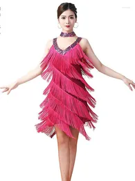 Stage Wear Sequined Beaded Bodycon Ballet Mini Dress Salsa Rumba Samba Jazz Latin Dance Sexy Women V Neck Sleeveless Fringe