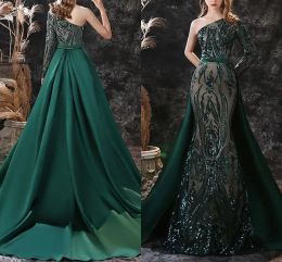 Çarpıcı koyu yeşil gece elbiseler Söndürülebilir etekle bir omuz boncuk payetleri uzun zamandır parti elbiseleri kadın balo vestidos özel yapımı bc15038