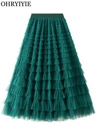 Skirts OHRYIYIE Solid Colour Floor-Length Tulle Bohemian Women Lengthen Boho Long Maxi Female Autumn Winter Party Lady 230202