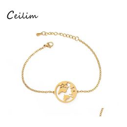 Link Chain World Map Stainless Steel Bracelets For Women Simple Adjustable Gold Sier Charm Bracelet Party Wedding Jewellery Earth Day Otf6H