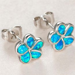 Stud Earrings Luxury Female Blue Opal Stone Charm Silver Color Small Dainty Bride Flower Wedding For WomenStud