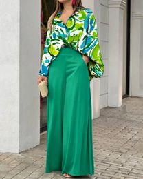 Womens Two Piece Pants Fashion Batwing Sleeve Wide Leg Women Sets Outifits Fall Clothes Green Elegant Office Shirt 2 230202