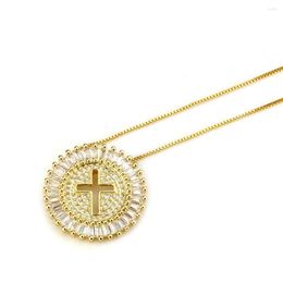 Chains Round Hollow Cross Pendant Necklace Copper Zircon Stone Initial Chain Women Men Religious Catholic Jewelry Gift
