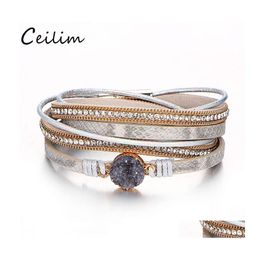 Link Chain Vintage Crystal Stone Charm Bracelets Bangle For Women Men Fashion Female Handmade Mtilayer Leather Wristband Bracelet W Otpzt