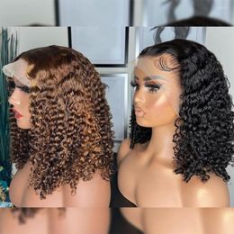 Luvin Water Curly Highlight Wig Human Hair Coloured Short T Part Lace Frontal Bob Wigs 180 Density For Black Women