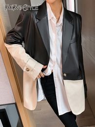 Womens Suits Blazers TWOTWINSTYLE Korean Fashion PU Leather For Women Notched Collar Long Sleeve Colorblock Blazer Female Clothing Style 230202