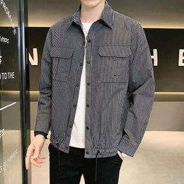 Men's Jackets Spring Thin Striped Jacket Korean Fashion Lapel Casual Slim Fit Plaid Shirt Coats Male Brand TopsMen's