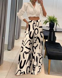 Womens Two Piece Pants style Women Set Autumn Winter Fashion Elegant Print Long Sleeve Top Loose Wide Legs Sets Female Outfits 230202