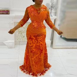 Orange Aso Ebi Mermai Mother's Dresses with Long Sleeve Sequined Lace Appliques African Groom Mom Wedding Party Gown