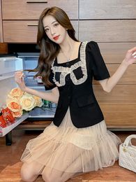 Work Dresses Square Neck Wooden Ear Puff Sleeve Suit Jacket Thin Style Cake Mesh Skirt Set Women's Two-Piece Summer Dress