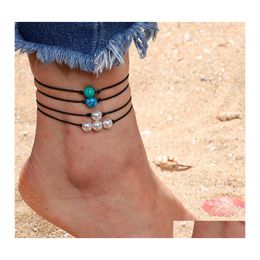 Anklets Minimalist Turquoise Pearl Bead Wax Bracelet For Women Stone Charm Pendant Bracelets Boho Jewellery 4Pcs/Set Drop Delivery Othji