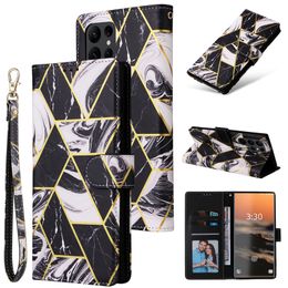 Lanyard Folio Gilding Marble Phone Cases for Samsung Galaxy S23 Ultra S22 Plus S21 Note20 A14 A13 5G A23 A33 A53 A73 A22 3 Card Slots Leather Wallet Kickstand Shell