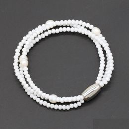 Beaded Handmade Crystal Beads Strand Bracelet With Freshwater Ctured White Pearl 3 Layer Mini Bangle For Women Love Wish Gift Drop D Dhxr2