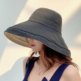 Wide Brim Hats Anti-UV Cotton Linen Sun Hat For Women Vacation Summer Panama Foldable Bucket Large Korean Beach HatWide