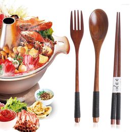 Dinnerware Sets Travel Handmade Cutlery Set Portable Wooden Spoon Fork Chopsticks Cloth Bag Natural
