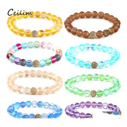 Beaded Strands Glass Natural Flash Stone Beaded Bracelet For Women Men 12 Colours Moonstone Dl Polish Frosted Zircon Micro Paved Bea Ot5Jf