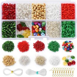 Beads 4110Pcs Red/Green/Gold Glass Seed Mix Colour Natural Gravel Metal Hooks Crystal Tube For DIY Christmas Ornament Gifts