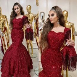 Sparkle Red Bourgogne Prom Dresses Sexig sjöjungfru Cap Sleeve Tassel Sleeve Runched Long Evening Clows Arabiska Stylish Eccque Vestidos BC14998