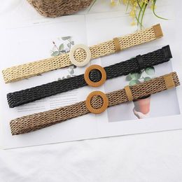 Belts Boho Vintage Women Belt Fake Straw Round Buckle Woven Waist Summer Plastic Wooden Smooth Hollow Breathable