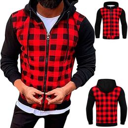 Mens Jackets Casual Slim Plaid Bomber Jacket Autumn Winter Long Sleeve Zipper Hooded Cardigan Windbreakers Coat 230203