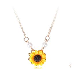 Pendant Necklaces Sweet Sunflower Imitation Pearl Sweater Pendants Yellow Flower Jewelry Necklace For Women Drop Delivery Otmfg