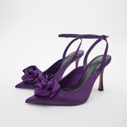 Dress Shoes TRAF Autumn Flower Heeled Shoes For Women Ankle Strap High Heels Woman Purple Pointed toe Slingback Pumps Weddings Bridal Shoe G230130