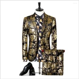 Men's Suits (Jacket Pants) Men's Gold Printed Paisley Floral Black Tuxedo Stage Costumes Slim Fit Blazer Wedding Suit