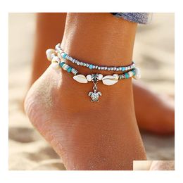 Anklets Fashion Jewellery Vintage Turtle Pendant Charms Anklet Shell Beads Double Layer Beaded Ankle Bracelet Drop Delivery Dhnvf