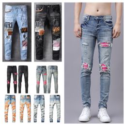 Jeans For Mens Motorcycle Denim Pants Star Men Embroidery Ripped Skinny Designer Fashion Hip Hop Distressed Biker Slim Fit Stretch European Brand Jean Hombre E0uX#