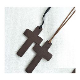 Pendant Necklaces Simple Wooden Cross For Women Wood Crucifix With Black Brown String Rope Long Chains Fashion Jewelry In Bk Drop De Ottvm