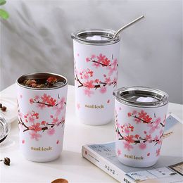 Mugs Stainless Steel Cherry Blossom Thermal Mug with Lid Double Wall Coffee LeakProof Water Cup Travel Camping Tea Tumbler Drinkware 230204