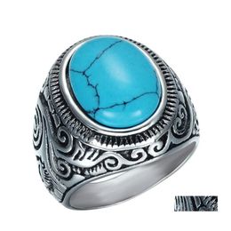 Solitaire Ring Mens Turquoise Crack Stone Rings Vintage Retro Stainless Steel Natural Carved Finger For Boys Fashion Punk Jewellery Dr Ot2Zo