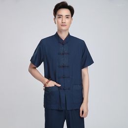 Ethnic Clothing Chinese Men Tang Dress Top Linen Short Sleeve Middle-aged Shirt Morning Exercise Tai Chi