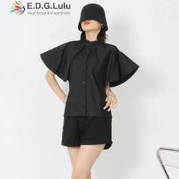 Women's Blouses & Shirts EDGLuLu Casual Design Irregular Short Sleeve Fashion Women 2023 Elegant Summer Stand Collar Black White T-shirt 070