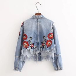 Women's Jackets Floral Women Embroidery Coats Vintage Frayed Tassel Hole Denim Short Jacket 2023 Female Fashion Brand Cowboy HF246Women's