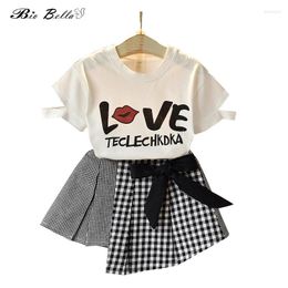 Clothing Sets Summer 2PCS Girls Set Toddler Love Letter Printed Short Sleeve White T-shirt Plaid Skirts Girl Outfits Fashion Kids Clothes