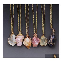Pendant Necklaces Pretty Gold Chain Wire Wrapped Punk Irregar Natural Stone Necklace Jewellery Rose Quartz Healing Crystals Penda Yzed Dhuru