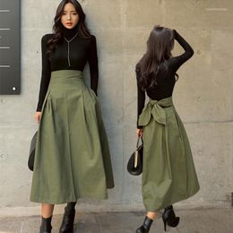 Skirts 2023 Women Autumn Winter Vinatge Pleated Lady Bow Loose High Waist A-line Faldas Female Casual Solid Mid-long G284