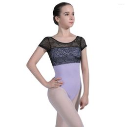 Stage Wear Short Sleeve Cotton Leotard For Adult Black Lace Ballet Dance Practise Size XS To XL Elastic 01D0164