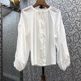 Women's Blouses Plus Size Shirts 2023 Spring Summer Casual White Shirt Women Lace Embroidery Patchwork Long Sleeve Vintage Cotton Blouse