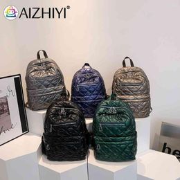 Backpack Quilted Cotton-Padded Nylon Rhombic Lattice College Bookbag Fashion Winter Casual Portable Soft For Female Girls