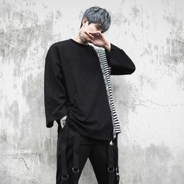 Men's T Shirts High Street Long Sleeve Mens Loose Shirt Hiphop Style Patchwork Striped Black Spring Autumn